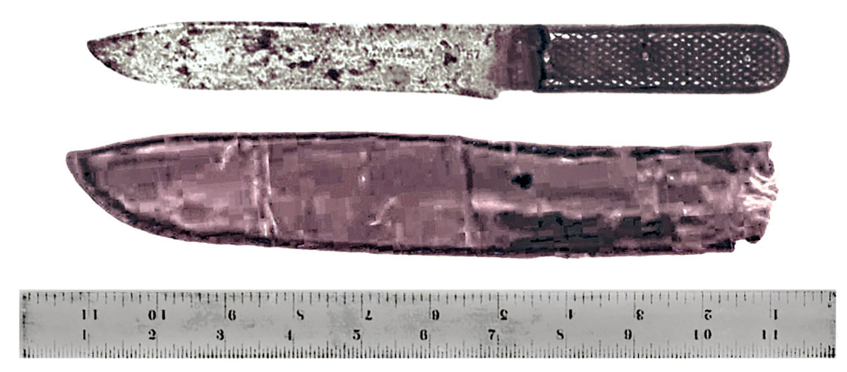 This is a photo of the only knife in existence with Dragoon markings. The handle is two cast pewter scales (partially missing). Note the leather scabbard and overall length 1.